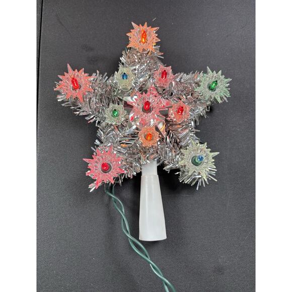 Silver Tinsel Lighted Christmas Tree Top Topper 5 Point Multi Color Box 6" - Picture 1 of 5